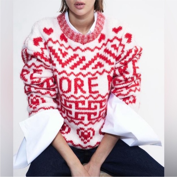 H&M Jacquard-knit Sweater Red White Amore Hearts Size XL Blogger FAVE - Picture 1 of 9
